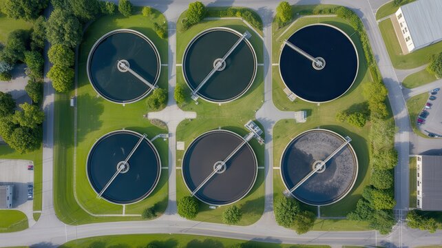 Aerial view of a wastewater treatment plant with multiple circular clarifier basins
