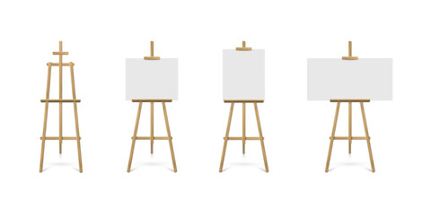 Plakat Wooden easel stands with blank white canvas board for painting. 3D isolated art studio mockup for artist exhibitions and creative displays. Realistic vector illustrations set.
