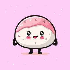 Delightful traditional japanese sushi maki roll character with pink cheeks smiling gently representing delicious asian seafood cuisine restaurant - Vector Illustration © powdesign