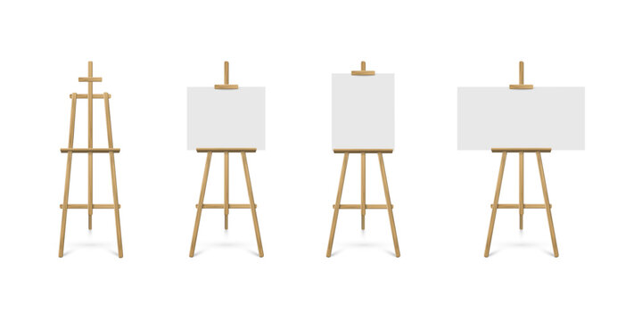 Wooden easel stands with blank white canvas board for painting. 3D isolated art studio mockup for artist exhibitions and creative displays. Realistic vector illustrations set.
