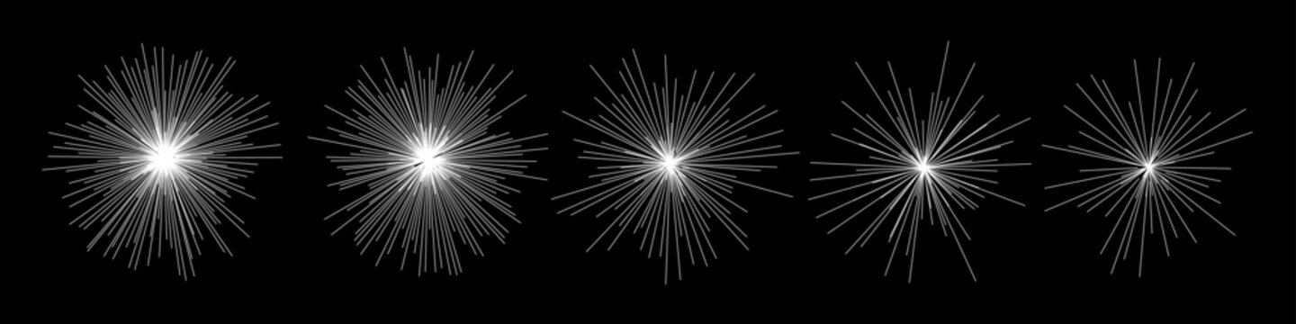 White firework sunburst icons with radial rays on black background, dynamic motion lines and abstract starburst shapes for anime graphic designs.