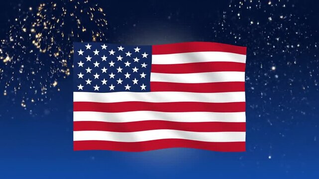 Vibrant American Flag Banners and Fireworks Celebration Over Night Sky