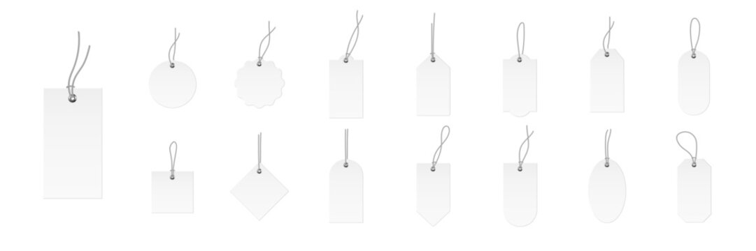 Price tags. Sale labels. Hanging tags. Blank white labels mockups. Paper empty stickers of different shapes with string loops for retail, packaging, gifts, luggage. Realistic vector illustrations set.