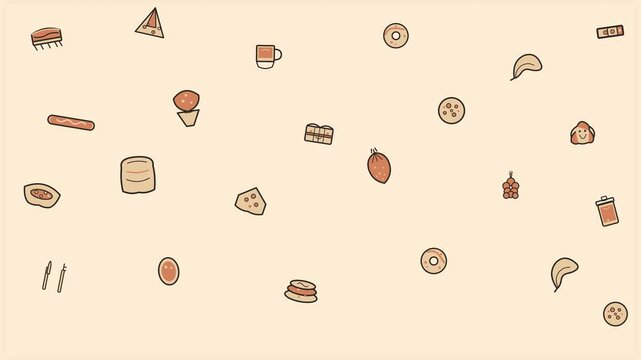 Cute hand drawn food doodle seamless loop animation background with floating burger pizza coffee donut sushi cake and ice cream in warm peach cream tones 4K