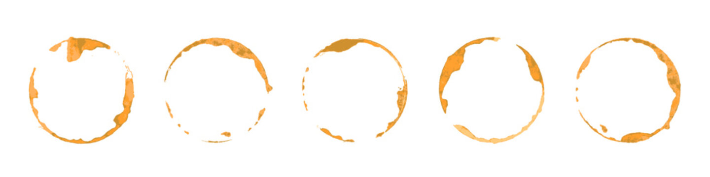 Coffee cup stains set. Brown circular coffee rings and splashes on white background. Realistic beverage marks collection for design, cafe menu decoration. Vector illustration.