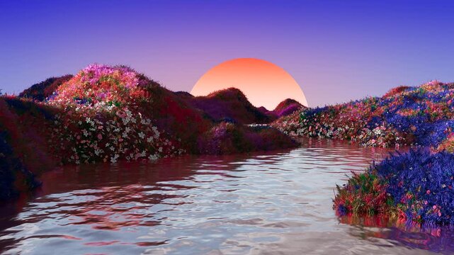 Surreal floral landscape featuring colorful flower-covered hills, reflective river and glowing sunset horizon in a dreamlike environment. Detailed 3D render with vibrant vegetation, soft atmospheric