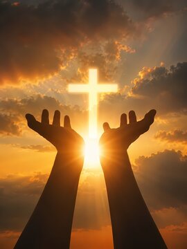 Hands Reaching Upward Towards Glowing Cross Silhouette Against Dramatic Sunset Sky