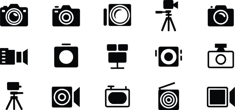 Set of minimalist photography and videography equipment icons isolated on transparent background