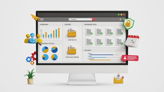 DMS Dashboard interface. Systematic Data Storage. Document Management System. Workflow Automation, Data Monitoring, Digital File Tracking. Enterprise Software UI on a Computer. 4K 3D Video Animation