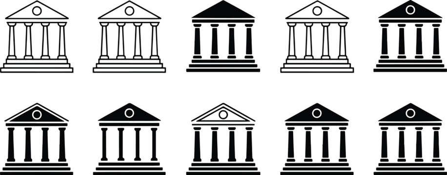 Set of ten different classical architectural columns and portico styles isolated on transparent background