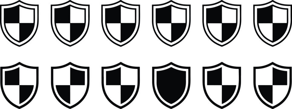 Set of twelve minimalist shield icons with geometric quartered designs isolated on transparent background