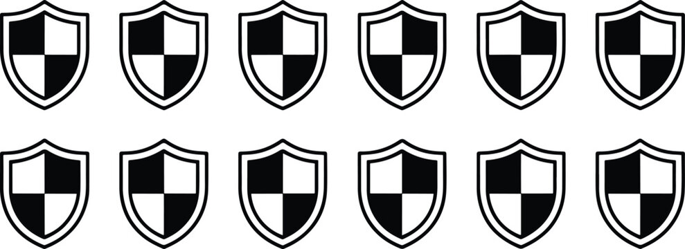 Set of twelve minimalist shield shapes with checkerboard pattern design elements