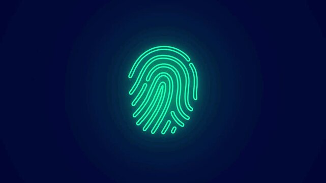 Green neon fingerprint scanning graphic pulsing continuously on a dark blue background.