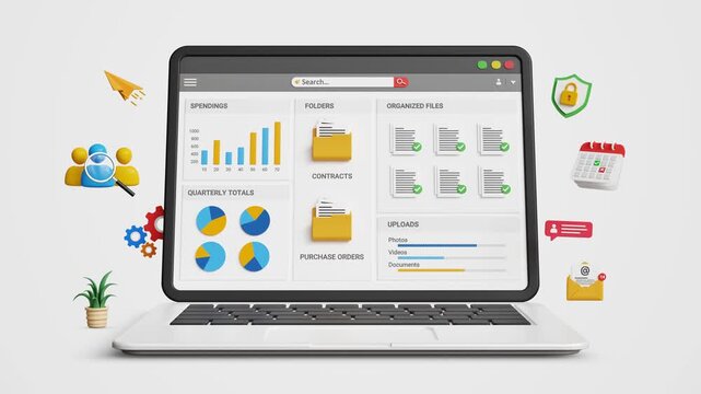 DMS Dashboard interface. Systematic Data Storage. Document Management System. Workflow Automation, Data Monitoring, Digital File Tracking. Enterprise Software UI on a Laptop. 4K 3D Video Animation