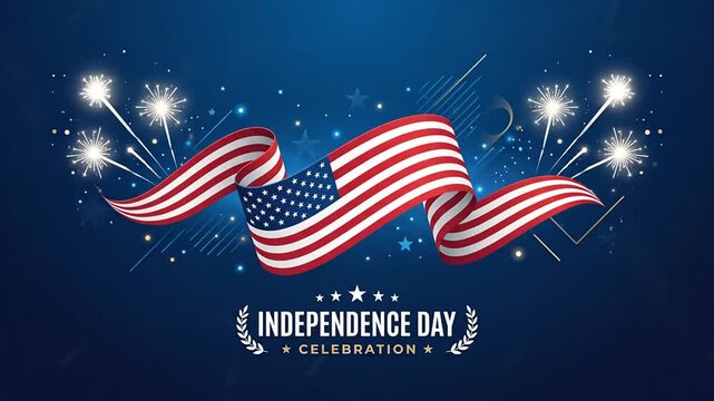 Colorful Independence Day Fireworks Display with American Flags and Celebration Elements