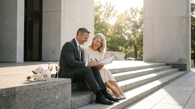 Two middle-aged partners sign paperwork at a courthouse steps, dressed festively, champagne flutes waiting on a stone ledge beside fresh peo