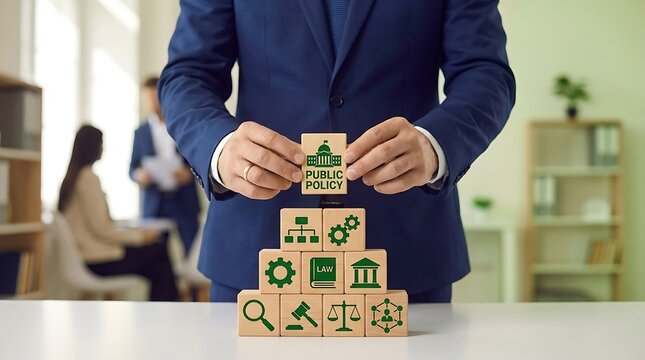 Businessman stacks wooden blocks with symbols representing government, law, and strategy to form 'public policy' concept