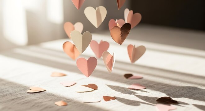 Falling Paper Hearts in Soft Sunlight, Romantic and Gentle Mood. National random acts of kindness day