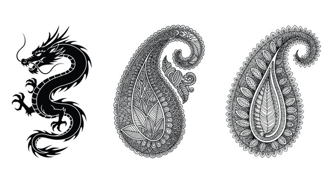 Black dragon and decorative paisley pattern set