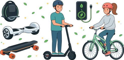 Eco Friendly Personal Electric Mobility Vector Icon Set with People Riding Scooter Ebike Hoverboard Skateboard and Unicycle Elements © MstRuna