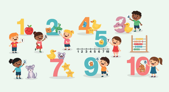 Kids Learning Numbers with Cute Animals and Educational Objects