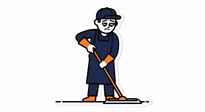 Cartoon character mopping floor in orange gloves.