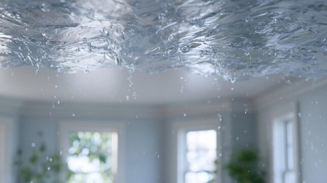 Close-up of a ceiling with water droplets cascading down from it. the droplets are in various sizes and shapes, creating a sense of movement and depth.