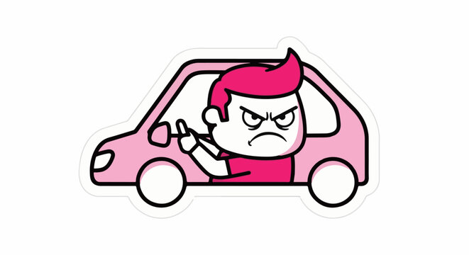 Cartoon Angry Devil Driver Holding Pitchfork in Car.