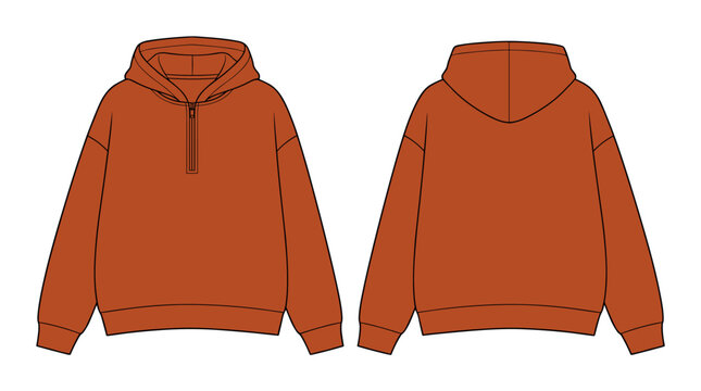 Rust Quarter Zip Hoodie technical fashion illustration. hoodie vector template illustration. front and back view. 1/4 zipper detail. drop shoulder. unisex. orange color. CAD mockup