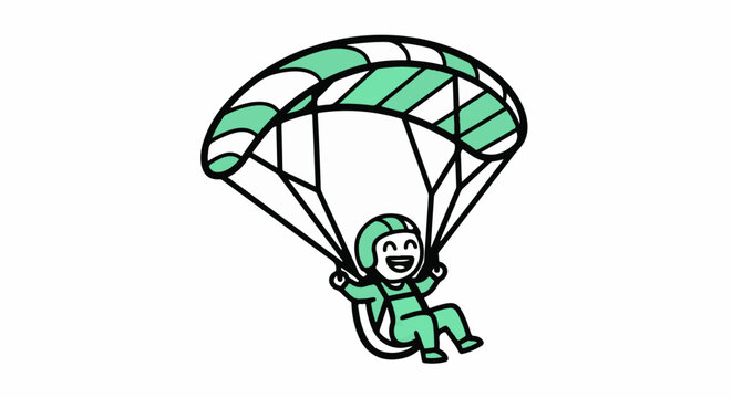 Cheerful cartoon character parachuting with green canopy above.