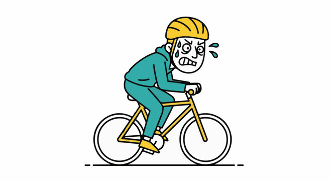 Exhausted cartoon cyclist sweating while riding bicycle hard.