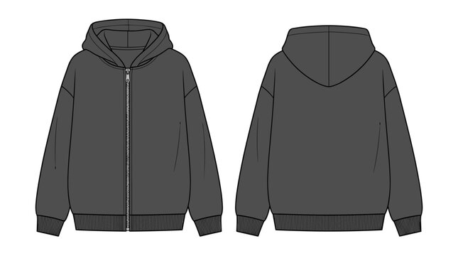 Charcoal Full Zip Hoodie technical fashion illustration. hoodie vector template illustration. front and back view. zipper front. oversized. unisex. dark grey color. CAD mockup