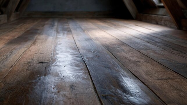 Empty room with wooden flooring. the floor is made up of wooden planks that are arranged in a diagonal pattern, creating a rustic and natural look.