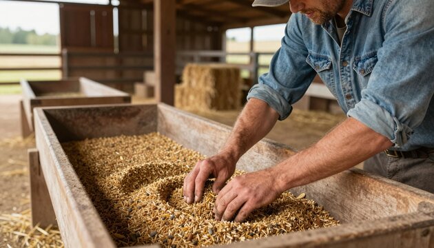 Close-up of a farmer's hands sifting grain in a wooden trough inside a barn