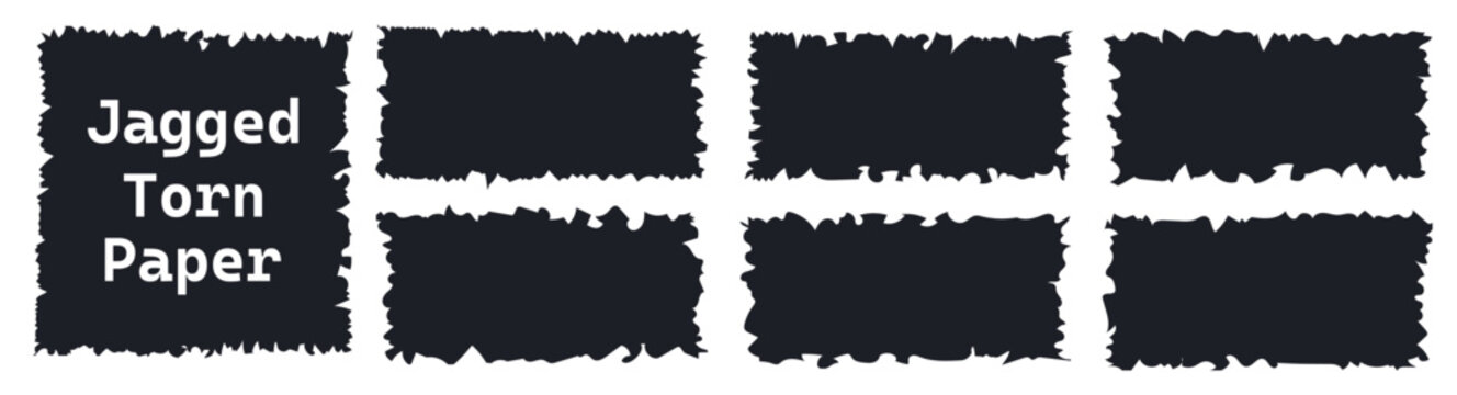 Jagged black paper torn pack isolated. Rectangle and square parts set with jagged edge shapes. Rectangle torn paper shape. Grunge border frames paper sheet fragments. Vector PNG
