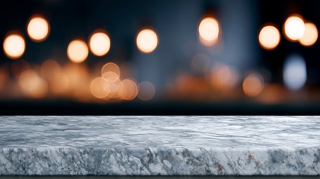 A gray marble surface with blurred lights in the background at night