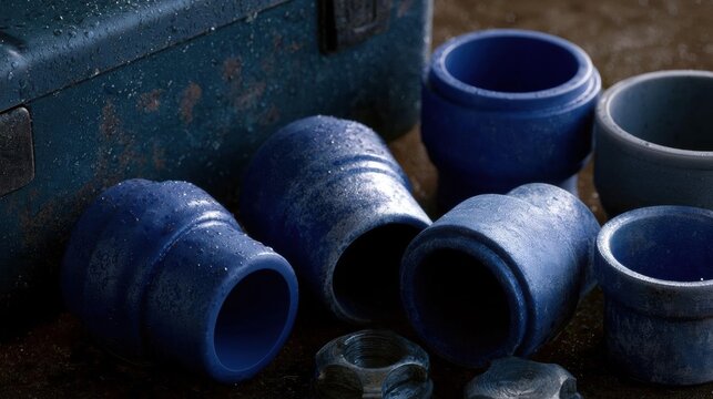 Group of blue ceramic cups and a blue toolbox on a wooden surface. the cups are of different sizes and shapes, with some having a curved shape and others having a straight shape.