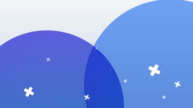 Abstract medical background loop with overlapping blue circles and floating white cross icons on a clean light backdrop. Perfect for healthcare presentation slides and science videos