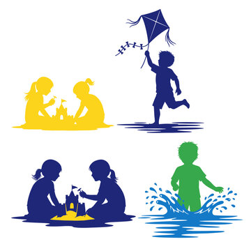 Children silhouettes playing at the beach and in water, kite flying, sandcastles