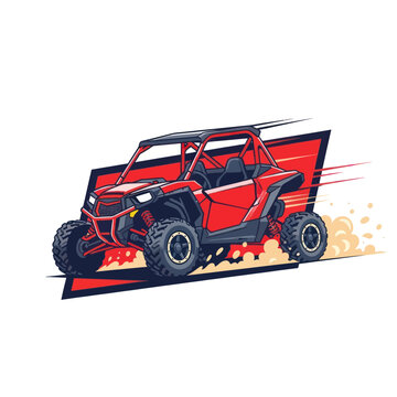 Red UTV driving fast, kicking up dust, dynamic action vector illustration