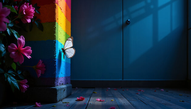 Wei&szlig;er Schmetterling auf einer bunten Regenbogen-S&auml;ule neben pinken Blumen und blauem Hintergrund mit Kopierplatz
