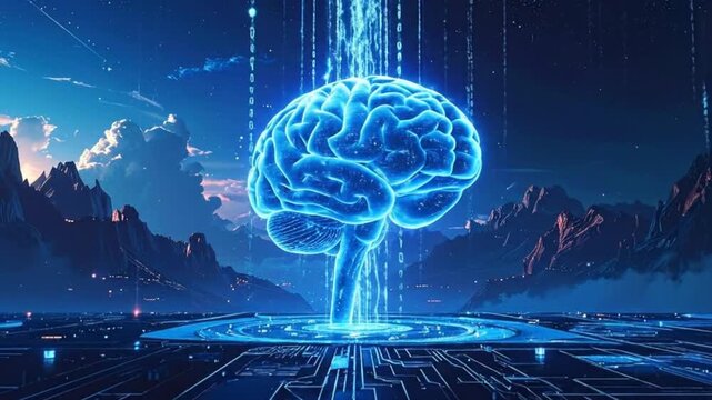 Digital brain with data streams and glowing energy in a futuristic landscape