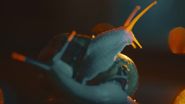 Snails interact under soft lighting with a focus on their movement and surroundings at night