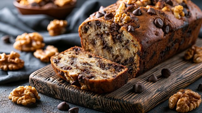 A delicious loaf of chocolate chip banana bread with walnuts on a wooden cutting board