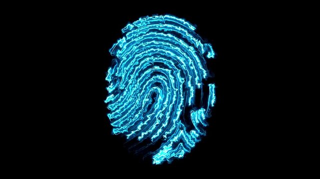 Electric fingerprint forming with blue glowing lightning energy streaks on a dark background.