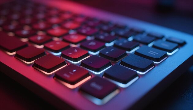 Close-up angled view of a backlit laptop keyboard illuminated by pink and blue LED lighting