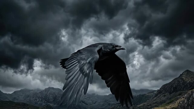 Dark raven soaring through stormy skies, dramatic bird portrait for wildlife, mystery, gothic nature and freedom themes, outstretched wings, brooding clouds, realistic feather detail, cinematic