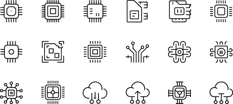 Collection of electronic and electrical component icons isolated on transparent background