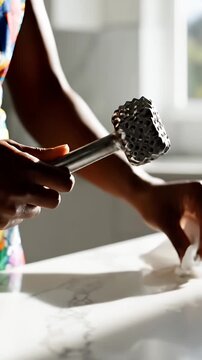 Person cleaning a metal meat tenderizer mallet with cloth.