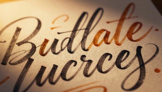 Close-up of modern brush calligraphy in black and copper ink on textured paper under warm light